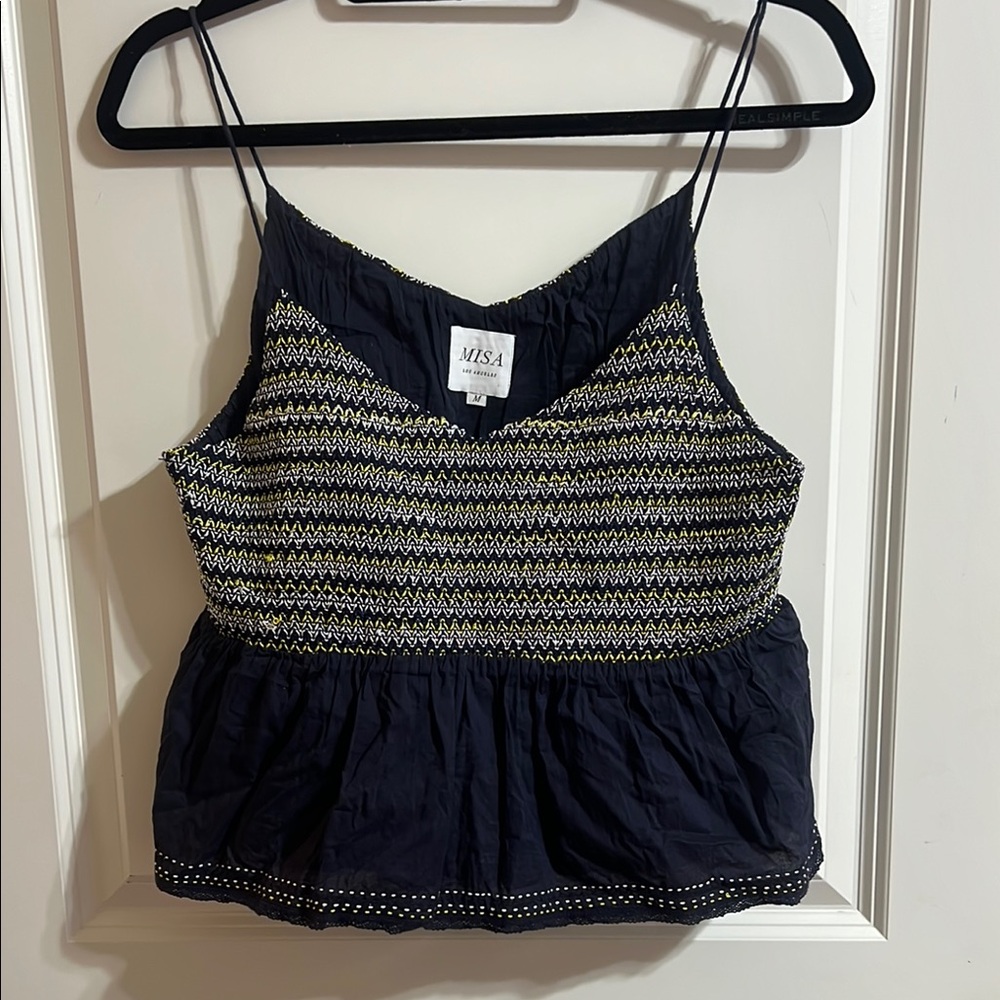 MISA Los Angles medium smocked tank top navy yellow